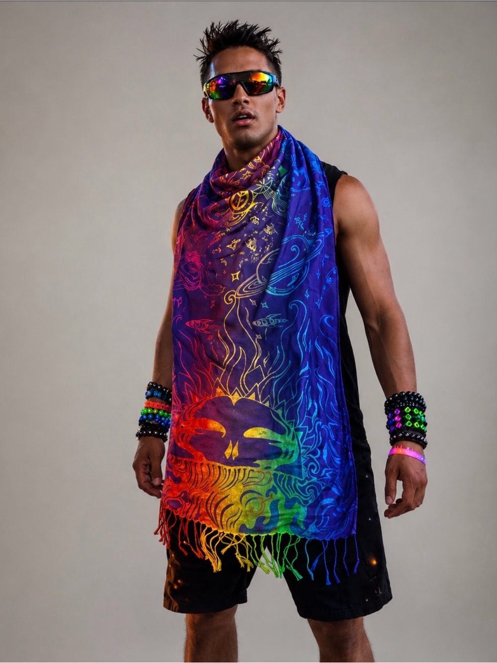 Festival Core Pashmina Scarf Celestial Rave Burner Psychedelic Fringe Wrap